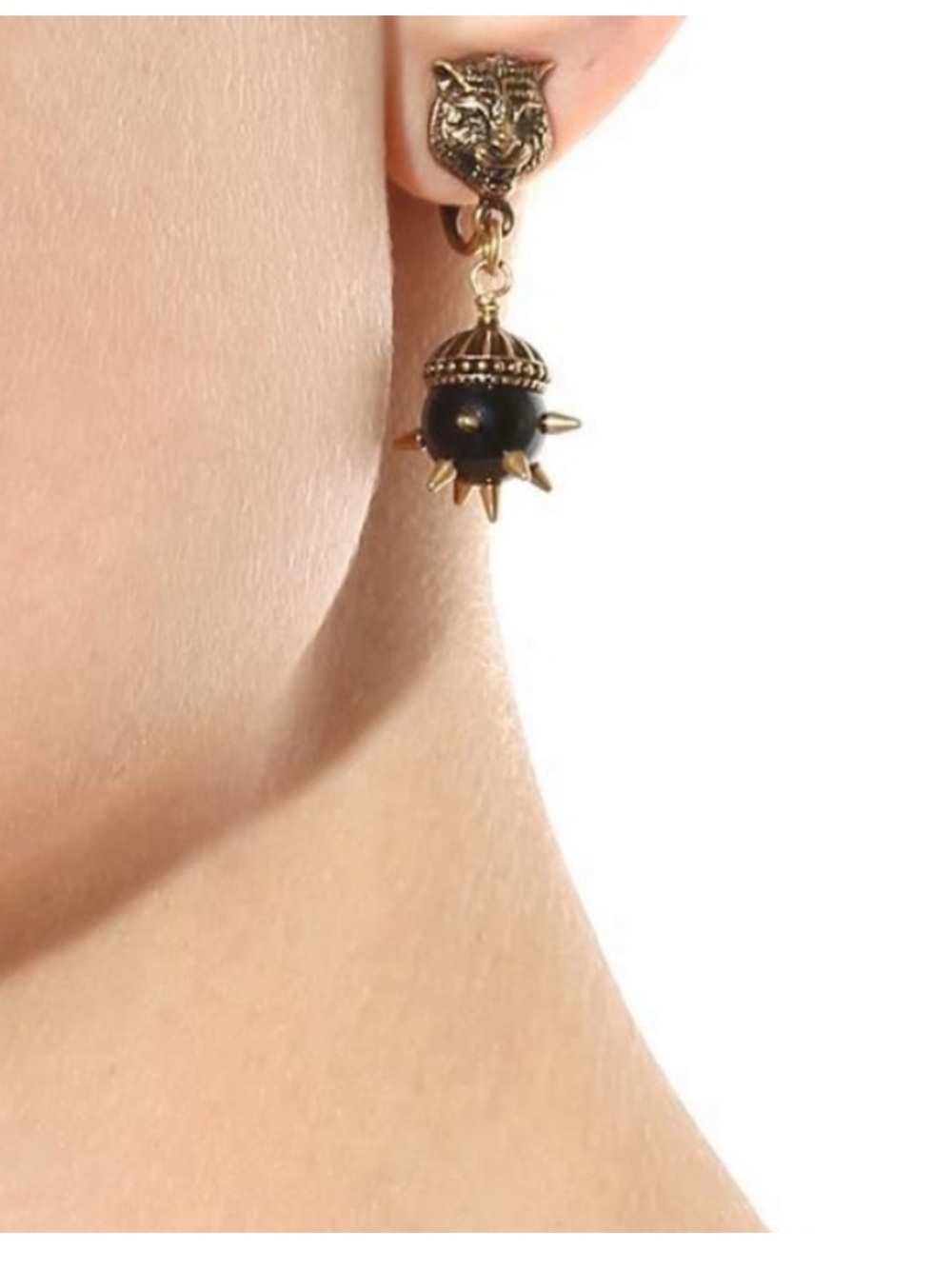 Authentic Gucci Gold and Black Lion Head Spike Drop Earrings - Clip on